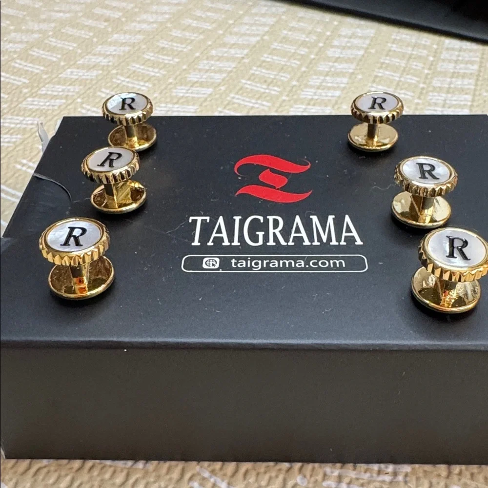 Taigrama Gold and Black Monogram “R” Tuxedo Studs set of 6